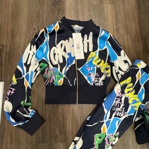 Women's Black & Blue Graphic Bomber Jacket/leggings !